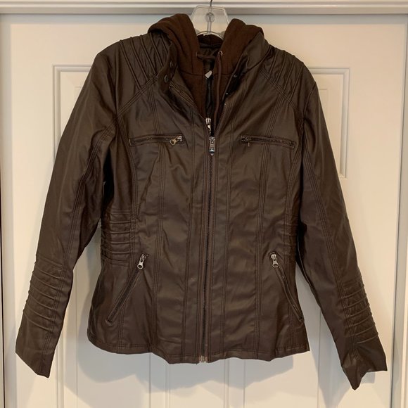 Jackets & Blazers - Moto Faux Leather Jacket w/ Removable Hoodie Sz S
